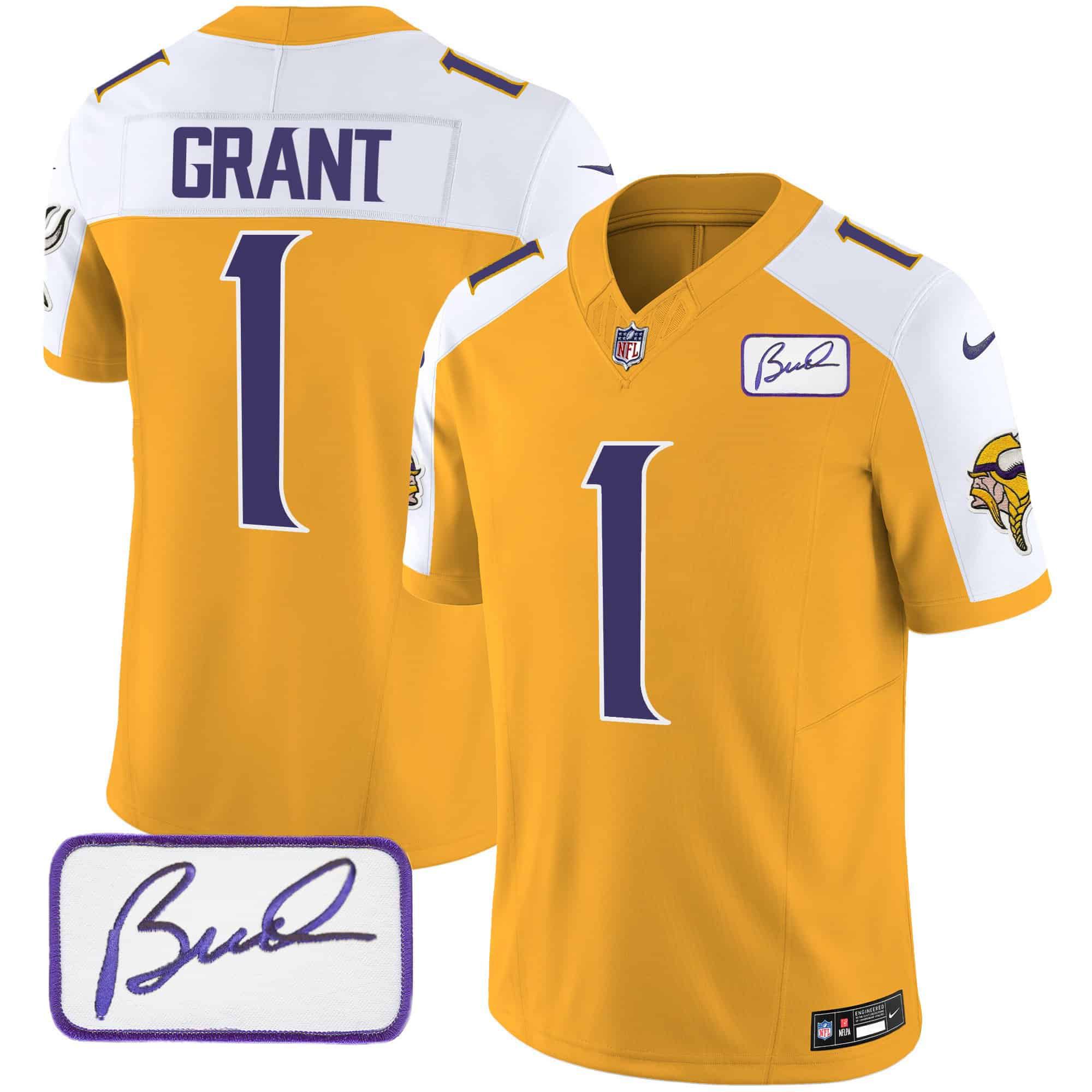Men Minnesota Vikings 1 Grant Yellow 2024 Nike Bud Grant Patch Classic Limited NFL Jersey style 1